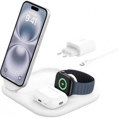 Belkin BoostCharge 3-in-1 Qi2 Magnetic Wireless Charging Stand 15W - тройна поставка (пад) за безжично зареждане за iPhone с MagSafe, Apple Watch, AirPods Pro и Qi съвместими мобилни устройс