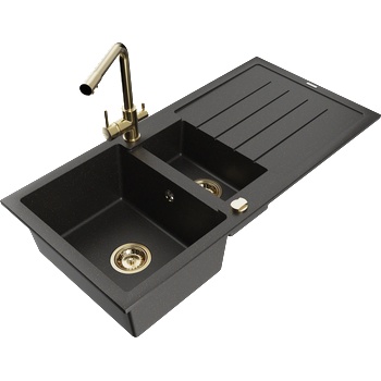 Mexen Andres мивка от гранит с 1, 5 отделения и капков улей и кухненски смесител Duero, черно/златно - 6515-75-671600-50 (6515-75-671600-50)