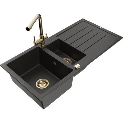 Mexen Andres мивка от гранит с 1, 5 отделения и капков улей и кухненски смесител Duero, черно/златно - 6515-75-671600-50 (6515-75-671600-50)