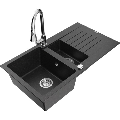 Mexen Matias гранитна мивка с 1, 5 камери с отцедник и кухненски смесител Elia, (6502-73-670101-00)