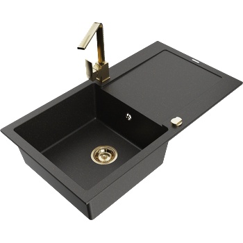Mexen Leo еднокамерен кухненски мивка от гранит с отцедник и кухня батерия Rita, черен/златен металик - 6501-75-670300-50 (6501-75-670300-50)