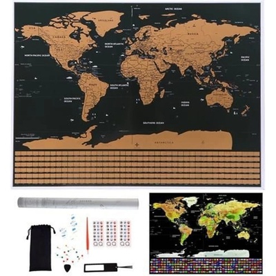 Malatec Velká Stírací mapa světa s vlajkami Deluxe 82 x 59 cm s příslušenstvím černá