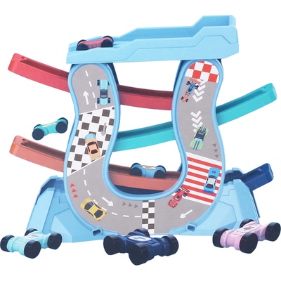 Dudlu Autodráha s rampami set 8 dílů 4 překlápěcí autíčka v krabici