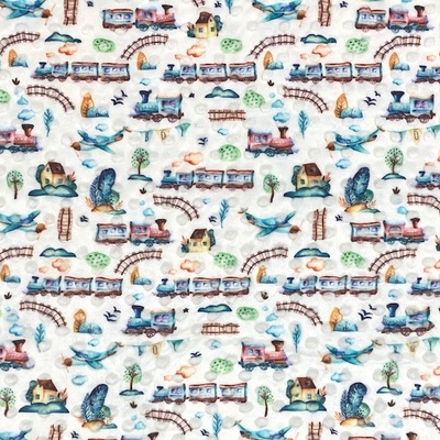 Minky s 3D puntíky bílé, vláčky, š.140