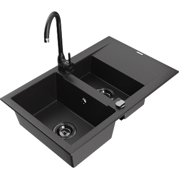 Mexen Gaspar гранитна мивка 1, 5-коморна с отцедник и кухненски смесител Telma, черен - 6507-77-670200-70-B (6507-77-670200-70-B)