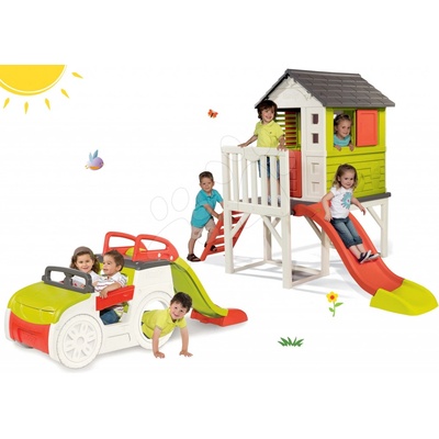 Smoby domček na pilieroch Pilings House s 1,5 m šmykľavkou+preliezačka Adventure Car s pieskoviskom SM810800-4