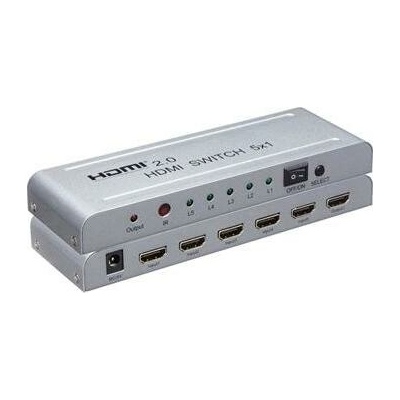 PremiumCord 4Kx2K@60Hz HDMI switch 5:1 kovový s diaľkovým ovládačom a napájacím adaptérom, khswit51e