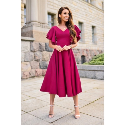 Warsaw Dress midi šaty s volánovými rukávmi Malinové