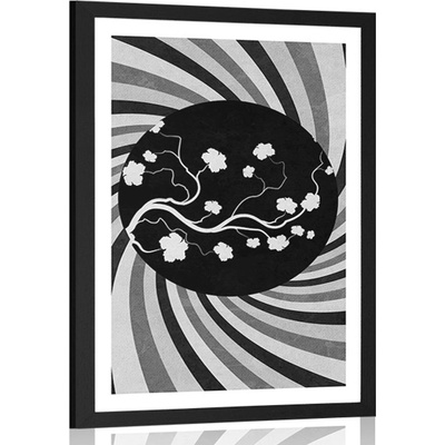 Plakát s paspartou asijské grunge pozadí v černobílém provedení - 40x60 no frame