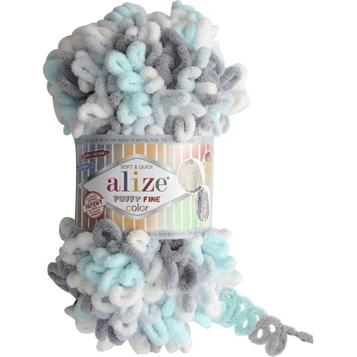 Alize Puffy fine color 5939 bílá, tyrkysová, šedá