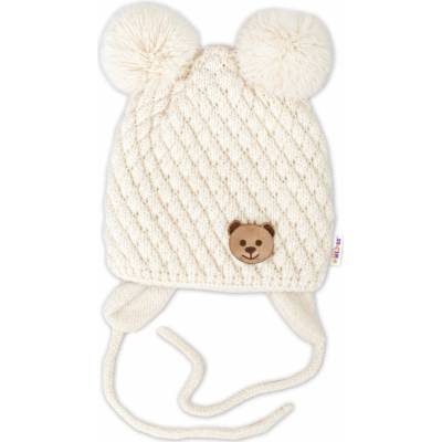 BABY NELLYS Zimná pletená čiapka Teddy Bear na zaväzovanie ecru