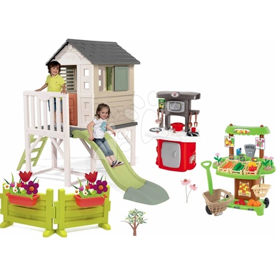 Smoby Set domček na pilieroch s kuchynkou a stánkom pri záhradke House On Stilts Life rozšíriteľný s 1,5 m šmykľavkou