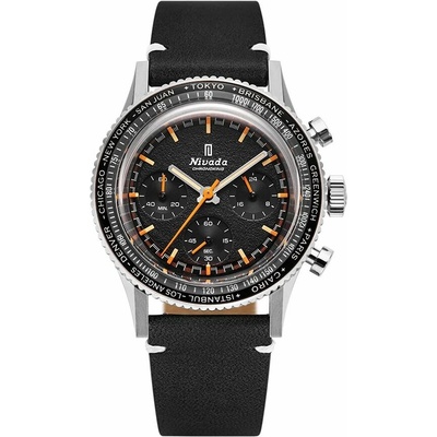 Nivada Grenchen Chronoking Meca - Inter. Bezel - Black Leather White Stitching