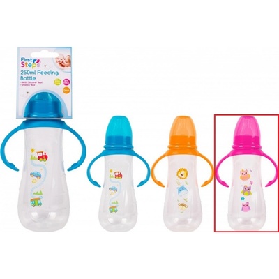 First Steps Feeding Bottle kojenecká lahev čirá s úchopy Sova růžová 250 ml