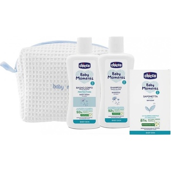 Chicco Baby Moments tuhé mydlo na ruky 100 g + detský šampón na vlasy 200 ml + šampón na celé telo pre deti 200 ml + kozmetická taška darčeková sada