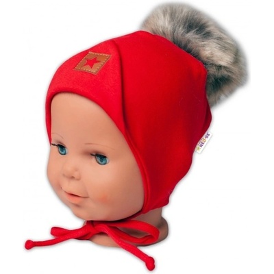 Baby Nellys Bavlněná dvouvrstvá čepice s bambulí na zavazování Star červená