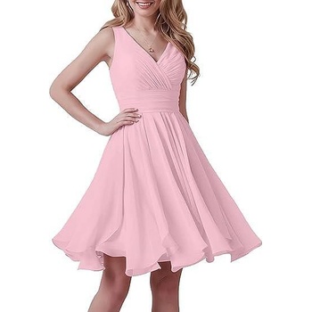 Дамска рокля от шифон с v-образно деколте, розова moonar