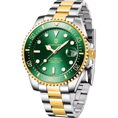 Pagani design Мъжки часовник Pagani Design Submariner, Механичен, Златист / Зелен (PD-1639-GOLD-GREEN)