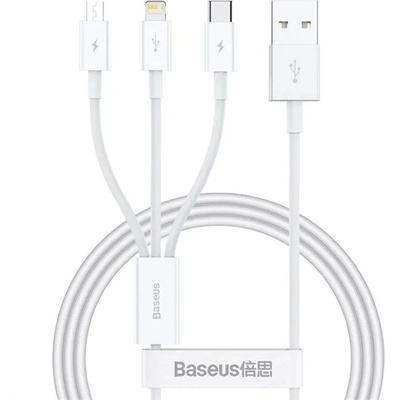 Baseus - Кабел за данни (P10377705213-00) - Бързо зареждане, USB към USB-C, Lightning, Micro-USB, 100W, 480Mbps, 1.5 м - Бял