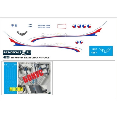 Force Obtisky + masky Jak-40 Czech Air pro Zvezda PAS-Decals 4023 1:144