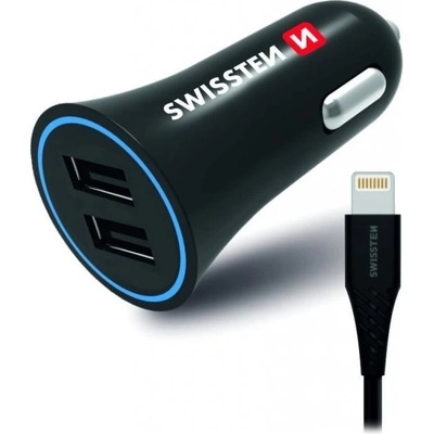 SWISSTEN napájecí adaptér 2× USB + Lightning kabel Napájecí adaptér, do auta, 12W, 2× USB, vstup 12–24V, výstup max. 2,4A, černý + Lightning kabel 20110910