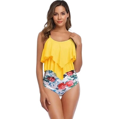 Дамски бански в жълто и бяло с рози
