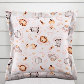 Biante bavlna s lemom Sandra SA-658 Africké zvieratká na ružových obláčikoch na bielom 40 x 60 cm