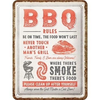 Plechová ceduľa BBQ Rules, 15 × 20 cm