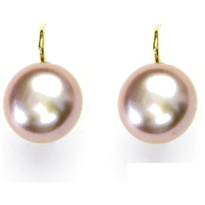 Čištín Zlaté náušnice, růžová přírodní říční perla,12 mm, žluté i bílé zlato, NK 1299