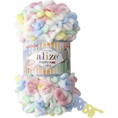 Alize Puffy fine color 5949 žlutá, bílá, růžová, modrá, zelená