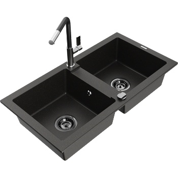 Mexen Mario гранитна мивка с 2 камери и кухненски смесител Flora, черен/златен металик - 6504-75-670401-07-B (6504-75-670401-07-B)