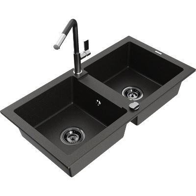 Mexen Mario гранитна мивка с 2 камери и кухненски смесител Flora, черен/златен металик - 6504-75-670401-07-B (6504-75-670401-07-B)