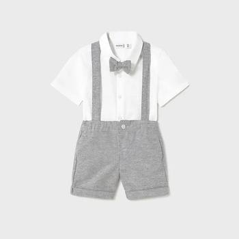 MAYORAL Комплект бяла риза с папийонка и сиви панталони с тиранти за бебе момче Mayoral