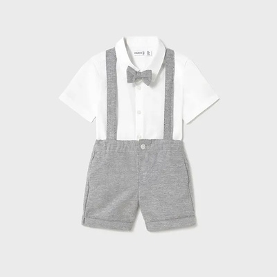 MAYORAL Комплект бяла риза с папийонка и сиви панталони с тиранти за бебе момче Mayoral