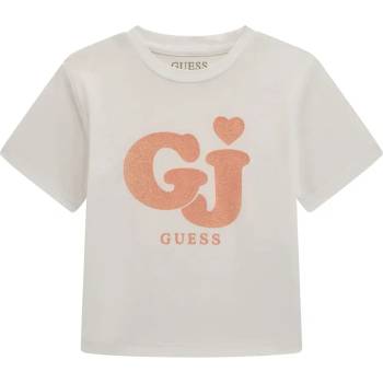 GUESS Бяла широка тениска за мини момиче с контрастни букви GJ с глитери Guess