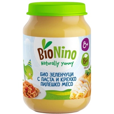 BioNino БИО пюре зеленчуци с паста и крехко пилешко месо 8м+ 190 г