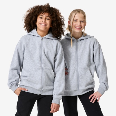 Decathlon detská mikina na zips s kapucňou sivá