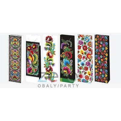 Taška papírová dárková na láhev 12x40x9 cm (lak) - folklór (mix 4)