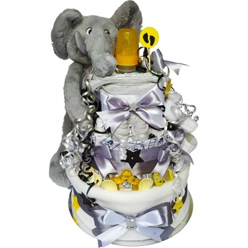 BabyDort Neutrální plenkový dort pro miminko s velkým plyšovým slonem