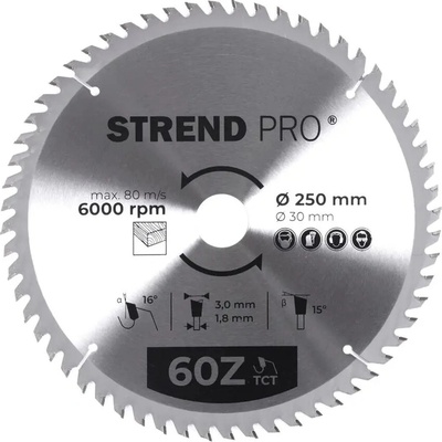 Kotúč Strend Pro TCT 250x3.0x30/20 mm 60T, na drevo, pílový, SK plátky