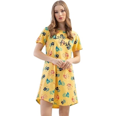 Жълта нощница с къси ръкави и апликация рибки