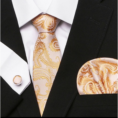 Amparo Miranda Dárková sada kravata kapesníček a manžetové knoflíčky AM202 zlatá – Zboží Dáma