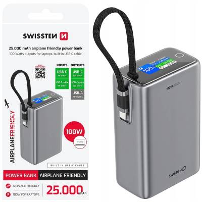 SWISSTEN Power Bank 25000 mAh 100W с вграден USB-C кабел (8595217493346)
