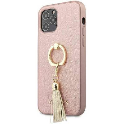 GUESS Saffiano Hard Case With Ring Stand - дизайнерски кожен кейс с пръстен против изпускане за iPhone 12, iPhone 12 Pro (розов)