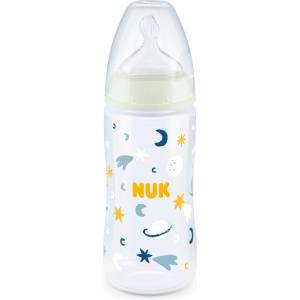 Nuk Шише със силиконов биберон Nuk - First Choice, Night, Звезди, TC, 6-18 месеца (10741142-Звезди)