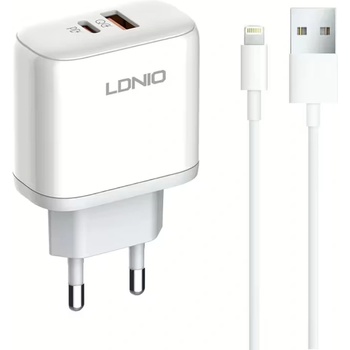 LDNIO Мрежово зарядно устройство LDNIO A2526C, 45W, 1 x Type-C F, 1 x USB F, PD, QC, PPS, С Lightning кабел , Бял - 40285