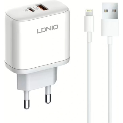 LDNIO Мрежово зарядно устройство LDNIO A2526C, 45W, 1 x Type-C F, 1 x USB F, PD, QC, PPS, С Lightning кабел , Бял - 40285