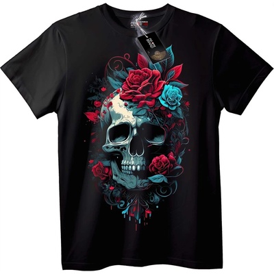 NOONEBRAND Тениска с череп и червено-сини рози - M, Black