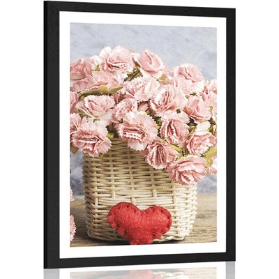 Plakát s paspartou kytička růžových karafiátů v košíku - 30x45 black