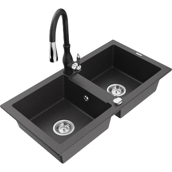 Mexen Mario двоен гранитен мивка с кухненски смесител Savita, черен на пръски - 6504-76-672601-70 (6504-76-672601-70)